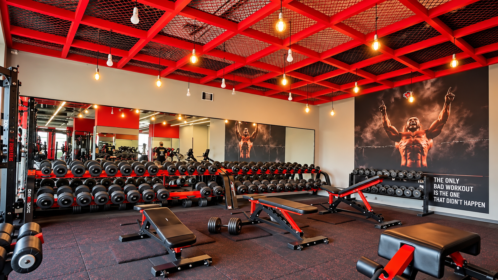 Free weights area with dumbbell racks and red ceiling