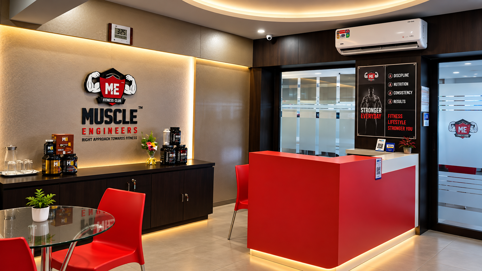 Muscle Engineers reception desk and supplement lounge