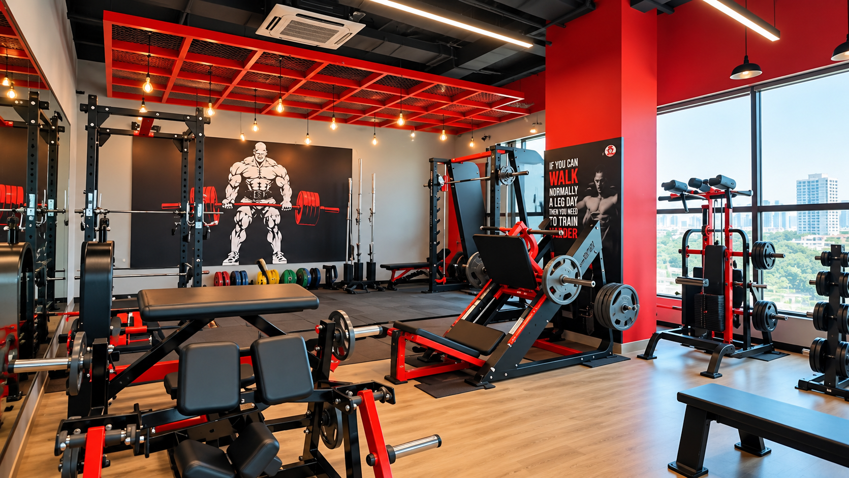 Strength training zone with squat racks and wall art