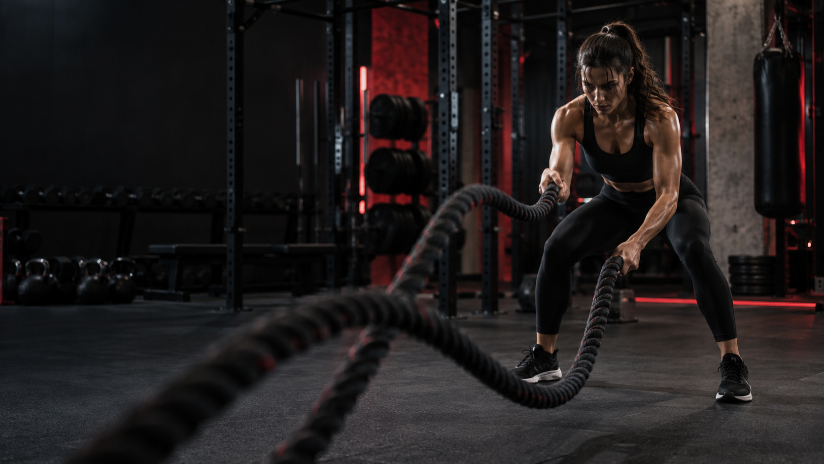 Athlete training with battle ropes
